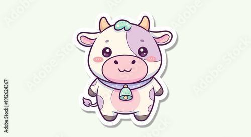 Adorable cartoon cow with purple and white fur standing alone on transparent background