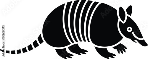 Armadillo silhouette illustration showing wildlife animal shape, armor body and tail design, minimalist vector style isolated on white background nature concept icon graphic