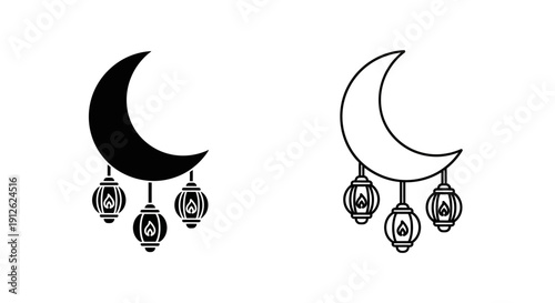 Minimalist vector crescent moon with three hanging ornate lanterns, presented in both solid black fill and outline styles, isolated on transparent background.