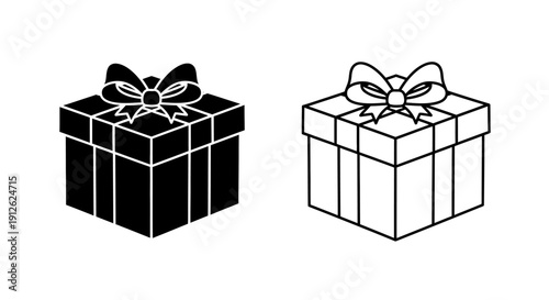 Isometric vector black and white gift box icons with ribbon bow, isolated on transparent background, perfect for UI and app design.