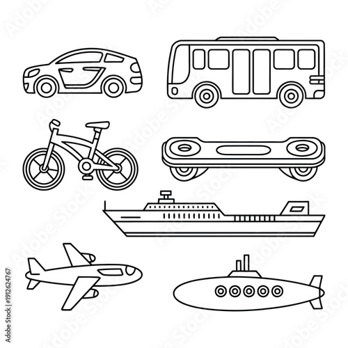 Vehicles on the Move: A diverse collection of vehicles, each a symbol of mobility and modern transport, is poised to navigate a variety of terrains. The assortment is designed in a line art style