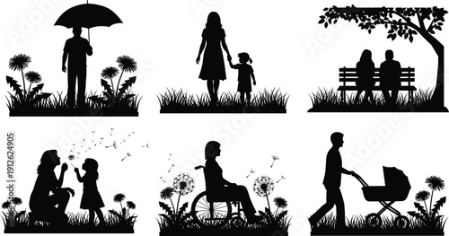 Family park silhouettes featuring parents and children, wheelchair user, couple on bench, father with stroller vector illustration set
