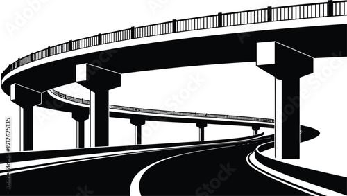 Modern highway overpass bridge silhouette with curved road infrastructure showing urban transportation engineering development traffic route isolated on white background black vector illustration