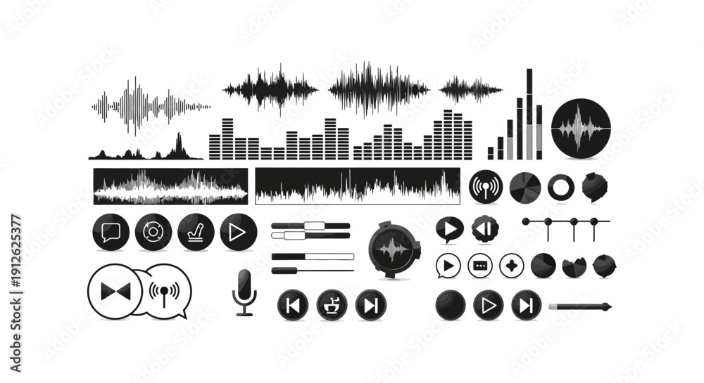 Obraz premium monochromatic vector set of audio wave forms sound equalizers and media player interface icons for digital sound technology apps.