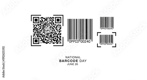 national barcode day graphic showing qr code with upi logo and linear barcodes symbolizing digital payment and scanning technology.