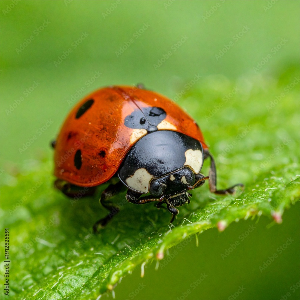 Obraz premium A beautiful macro close-up of a small red spotted ladybug beetle resting on a vibrant green plant leaf in a sunny summer garden wildlife setting