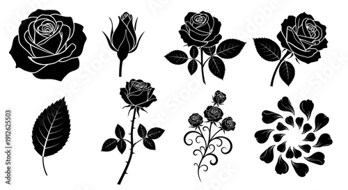 A collection of silhouetted roses in various stages of bloom alongside individual leaves and stems high quality professional detailed
