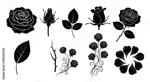 A collection of black silhouette roses buds leaves and floral arrangements are displayed on a white background high quality