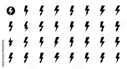 minimalist black lightning bolt icons and thunderbolt symbols representing electricity power speed and warning for graphic design projects.