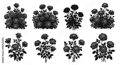 A collection of eight black silhouettes depicting various arrangements of roses with differing bloom densities high quality professional detailed