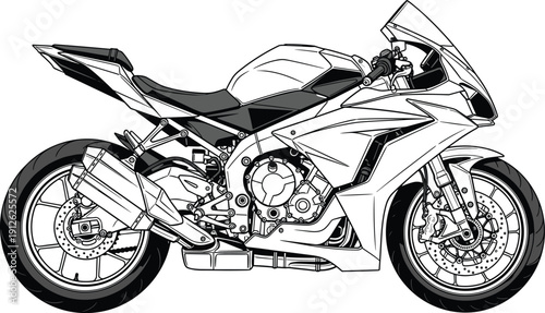 Modern sport motorcycle detailed line art illustration, high performance racing bike side view vector design isolated