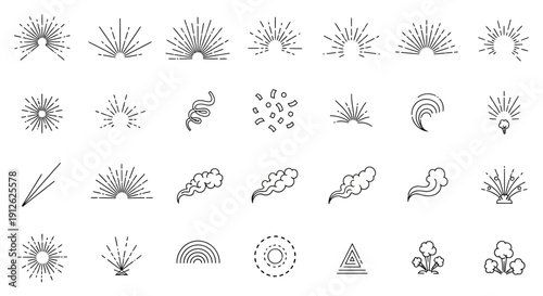 minimalist line art vector icon pack sunbursts fireworks confetti smoke abstract shapes. ideal for modern graphic design resources.