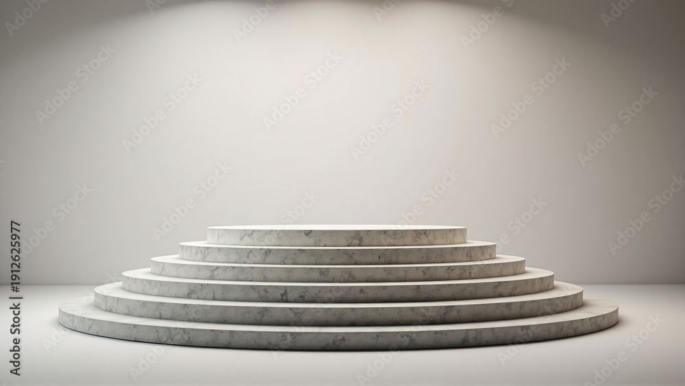 Obraz premium Elegant Circular Stone Podium with Tiered Steps Illuminated by Overhead Spotlights on White Background