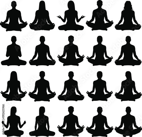Collection of diverse human yoga meditation silhouettes in seated lotus poses, expressing mindfulness, inner peace, wellness routine, spiritual harmony, relaxation practice, and balanced healthy 