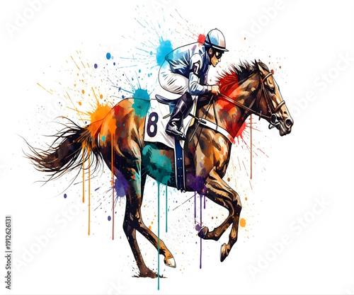 Horse racing jockey in watercolor splash style