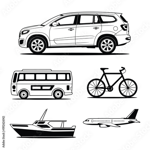 Transportation Variety: A graphic ensemble showcasing diverse modes of transport, from a sleek car to a speedy airplane, symbolizing the range of ways to traverse the world.