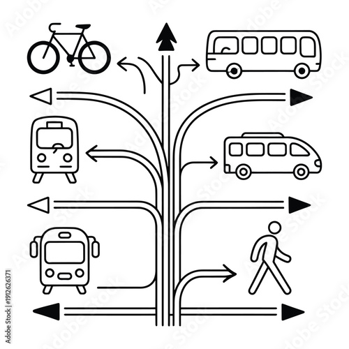 Transportation Options Infographic: An informative illustration showcases diverse modes of transport for efficient urban mobility. Featuring bicycles, buses, trains, and pedestrian pathways.