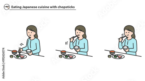 箸で和食を食べる女性