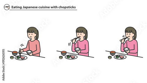 箸で和食を食べる女の子