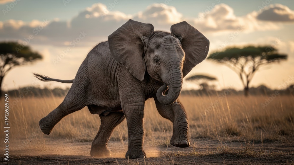 Fototapeta premium Running Elephant in Savanna at Sunset.