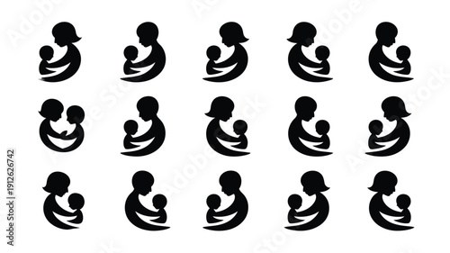 Mother and child silhouettes in various poses black icons on white background symbolizing love and family