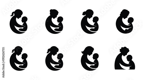 Mother and child silhouettes black icons logo set parenting symbols family illustrations