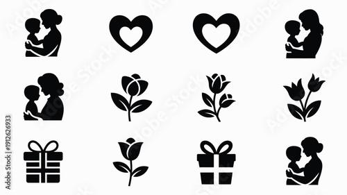 Mother's day themed black icons set including mother child silhouettes hearts flowers and gifts on white background for holiday greeting cards and celebrations