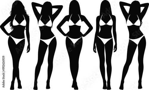 Female bikini silhouettes collection showing different body shapes and confident poses, elegant women swimwear figures isolated on white background for fashion design use