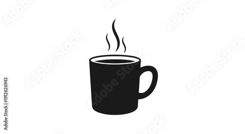 Steaming Hot Coffee Mug Icon, Black and White Simple Graphic Illustration