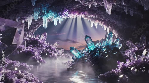 Mystical Cave with Crystal Formations and Light.