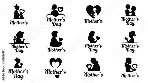 Collection of 12 mother's day silhouette designs featuring heartwarming family moments and tender interactions