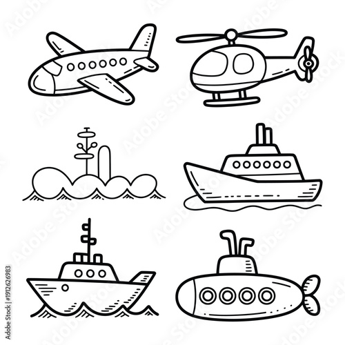 Transportation Icon Set: A collection of charming, hand-drawn icons featuring diverse modes of transportation, perfect for educational content or design projects.