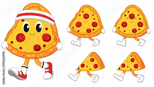 Cartoon pizza characters running and exercising with energetic expressions