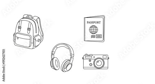 Travel Essentials: Backpack, Passport, Headphones, and Camera Icons
