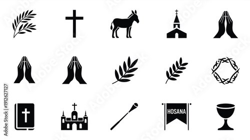 Collection of minimalist black christian icons and symbols on white background