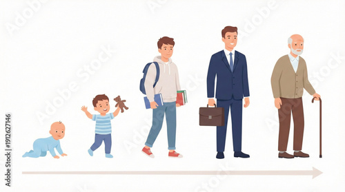 Vector illustration of human growth stages, male character. Progression from a crawling baby, to a playful toddler, a student teenager, a professional adult man in a suit, and an elderly man