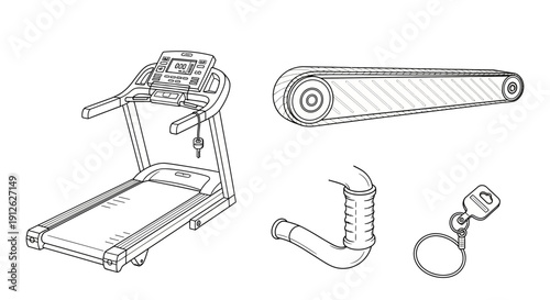 Treadmill and Components: Exercise Machine, Belt, Handle, Safety Key