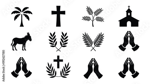 Palm sunday themed silhouettes collection featuring crosses palms praying hands donkey and church icons in black on white background