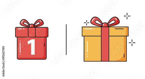 Two Gift Boxes: Red with Number 1, Yellow with Sparkles - Celebration, Surprise, Present