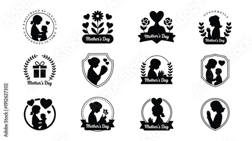 Collection of twelve mother's day themed black silhouettes with floral and heart designs on white background