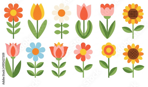 Retro Groovy Floral Set Cute Spring and Summer Flowers Flat Vector