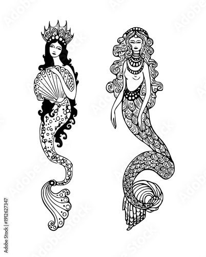 Elegant mermaids in ornate tail designs with accessories