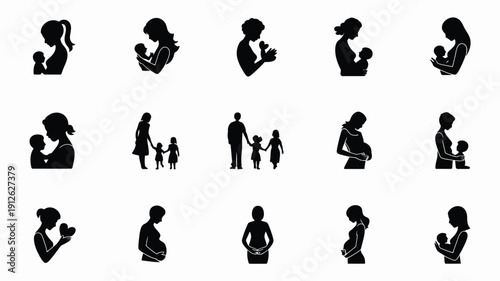 Black silhouettes of pregnant women parents with children and family isolated on white background representing parenting pregnancy and family planning concepts