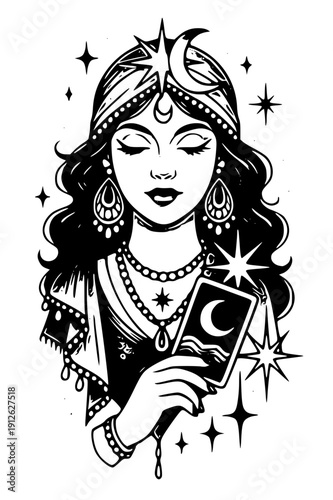 Mystic woman holding moon tarot card surrounded by stars