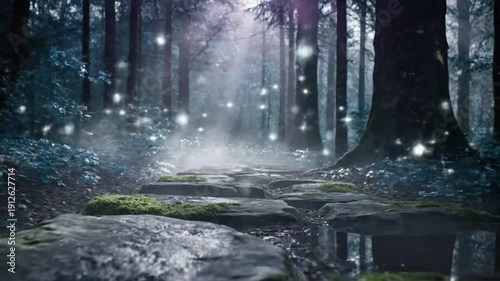 Mystical Forest Pathway with Fireflies and Fog.