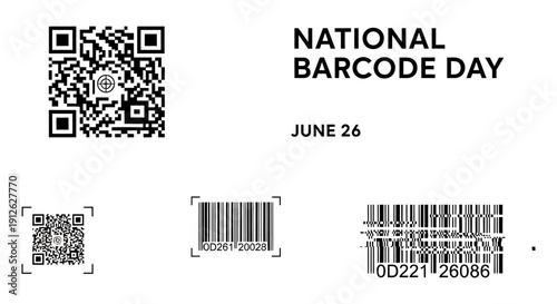 national barcode day june 26 a comprehensive digital graphic illustrating various qr codes and barcodes for technology and retail.