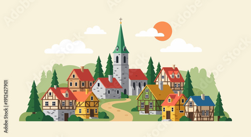 Quaint village with church and houses in a serene landscape.