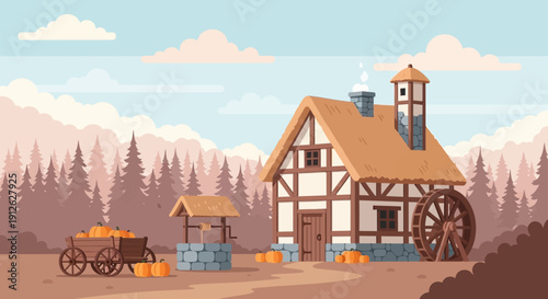 Traditional watermill with wooden wheel and cart in rural landscape.