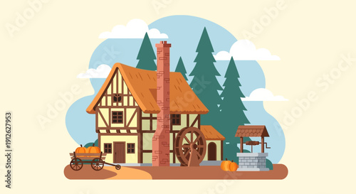 Quaint old-fashioned watermill with well and cart in a serene forest setting.