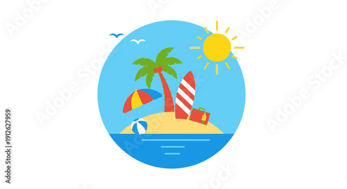 Tropical beach scene with palm tree and sun.